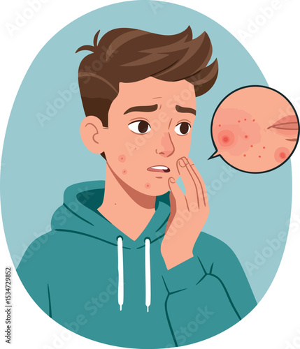 Teenage Boy Concerned About Acne Skin Problem with Closeup Pimple Illustration 