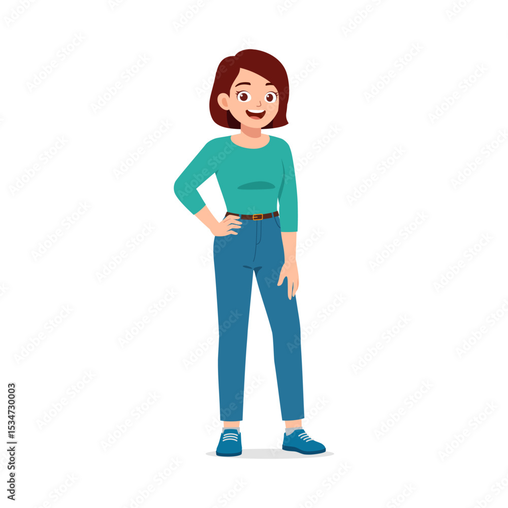 Fototapeta premium Happy young woman standing with hand on hip, wearing casual clothes, smiling expression