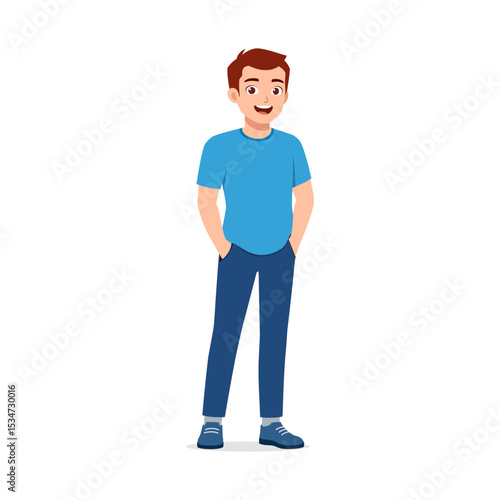 Standing Young Asian Man Smiling with Hands in Pockets Wearing Blue T-shirt in Cartoon Style