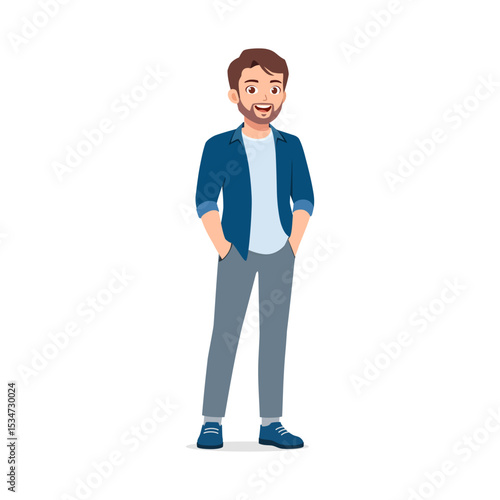 Smiling man standing with hands in pockets looking friendly illustration
