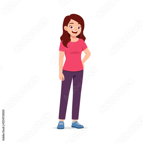 Smiling Asian Woman Standing with Hand on Hip in Casual Clothes Full Body Cartoon Style Illustration