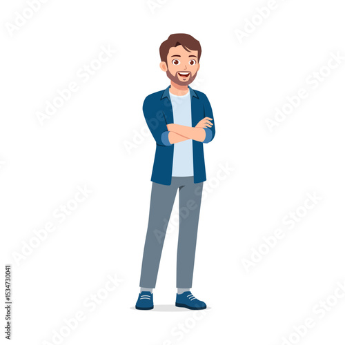 Smiling Caucasian Man with Crossed Arms in Full Length Standing Pose in Front View Illustration