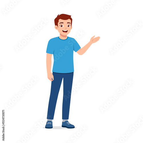 Young Caucasian man standing and presenting something with smile expression in illustration art