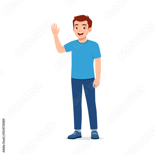 Happy young man waving his hand in a casual pose wearing a blue shirt