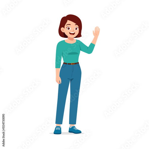 Cheerful Caucasian Woman Waving Hand in a Friendly Gesture with Positive Expression in Casual Attire