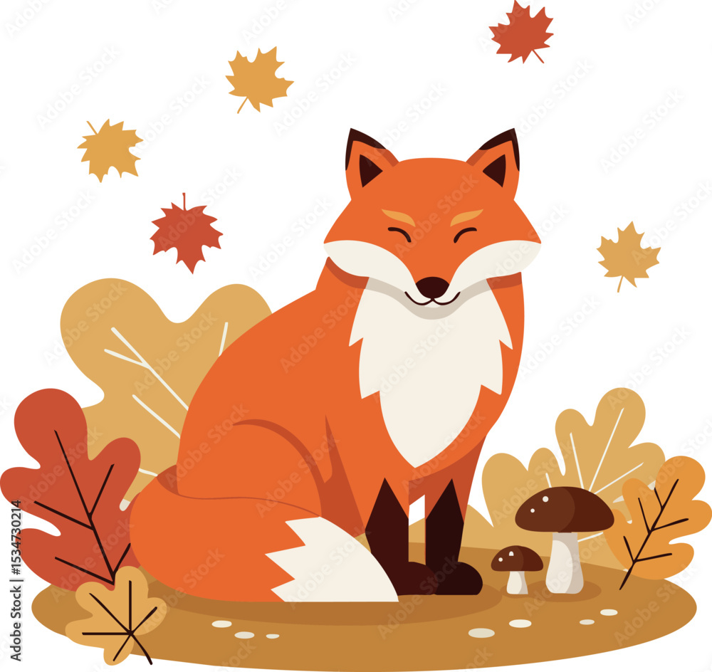 Fox Sitting Among Autumn Leaves and Mushrooms Vector Illustration in Warm Colours Fox Sitting Among Autumn Leaves and Mushrooms Vector Illustration in Warm Colours