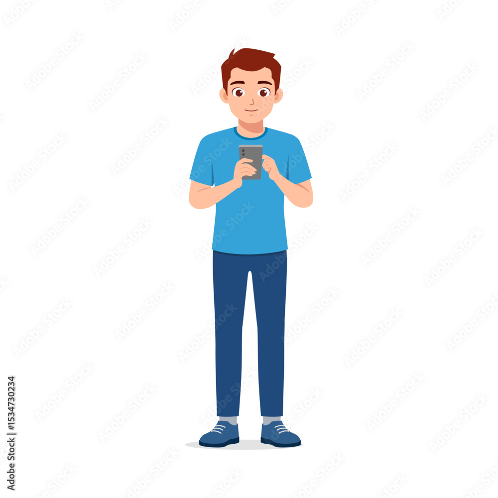 Happy Young Asian Man Holding Mobile Phone with a Smiling Expression in Casual Pose Illustration Happy Young Asian Man Holding Mobile Phone with a Smiling Expression in Casual Pose Illustration
