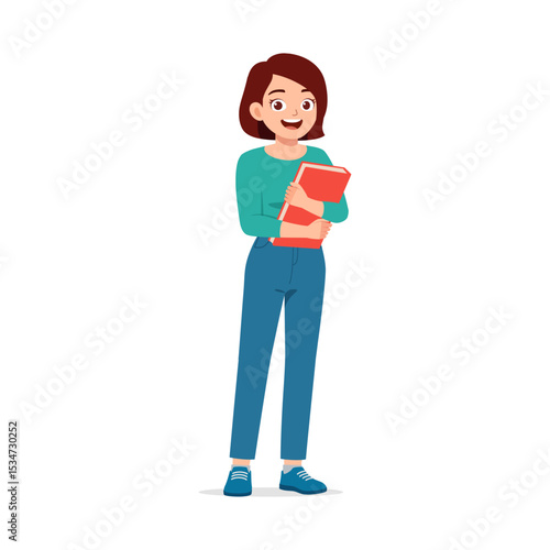 Smiling Woman Holding Red Book Standing in Full Shot Isolated on White Background Illustration