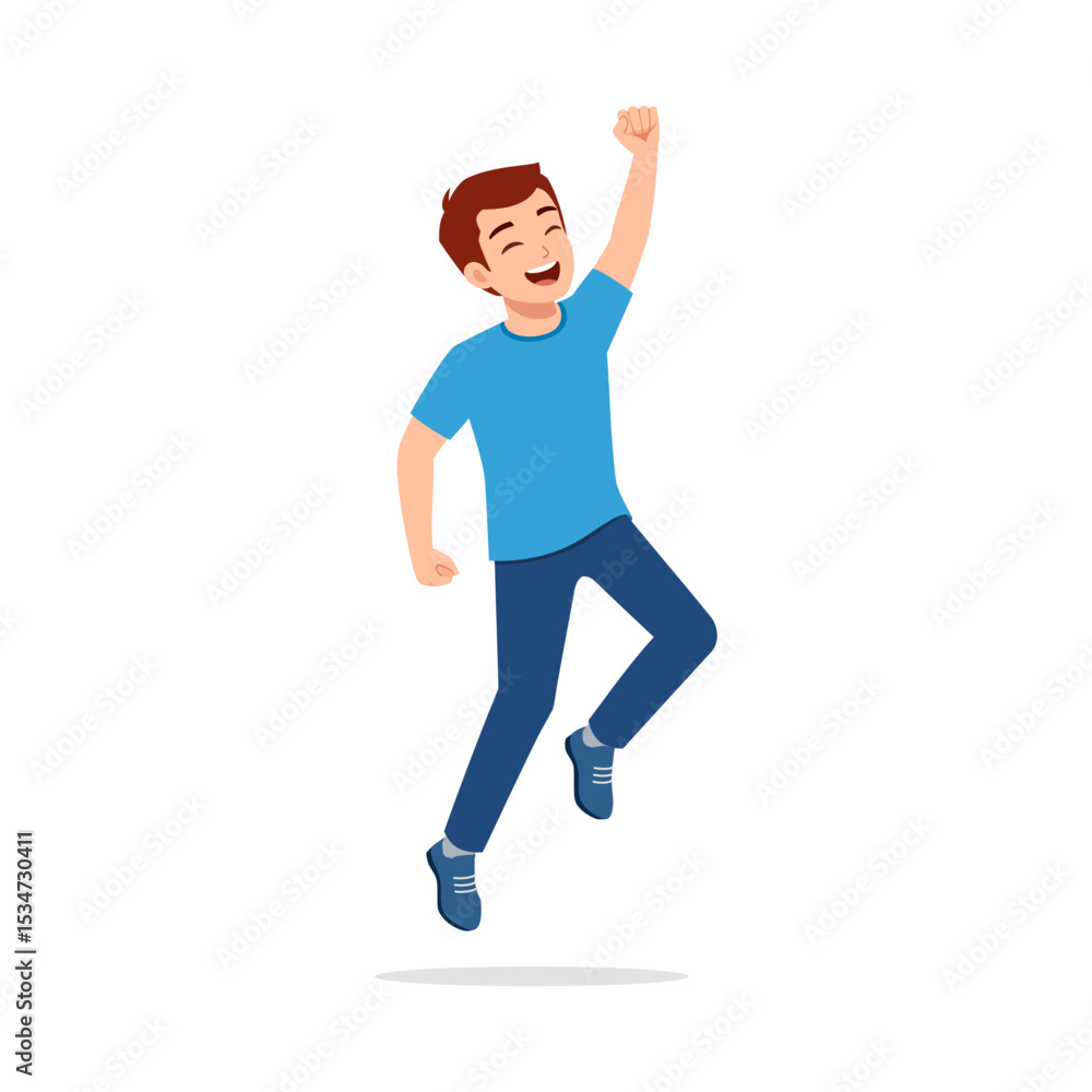 Excited Boy Jumping with Arm Raised Expressing Joy and Celebration in Casual Clothes Cartoon Excited Boy Jumping with Arm Raised Expressing Joy and Celebration in Casual Clothes Cartoon