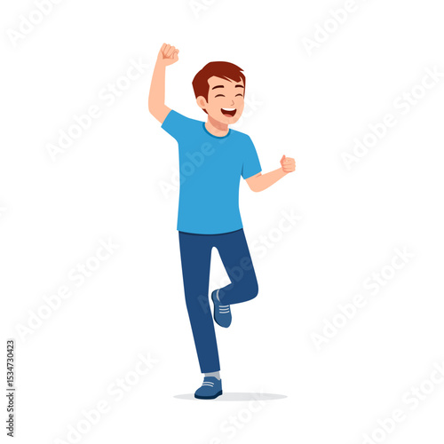 Happy Young Asian Man Celebrating Success with Raised Arms and a Cheerful Expression