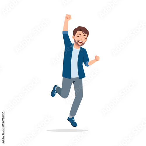 Excited Caucasian Man Jumping with Joy and Raising His Arm in Happiness