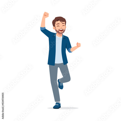 Excited Caucasian man raising his arms up and clenching fists feeling happiness, cheerful emotion