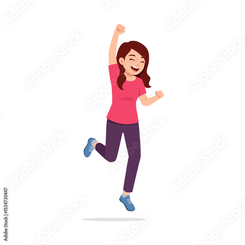 Happy Asian Woman Jumping with Joy and Celebrating Success with Arms Raised Up