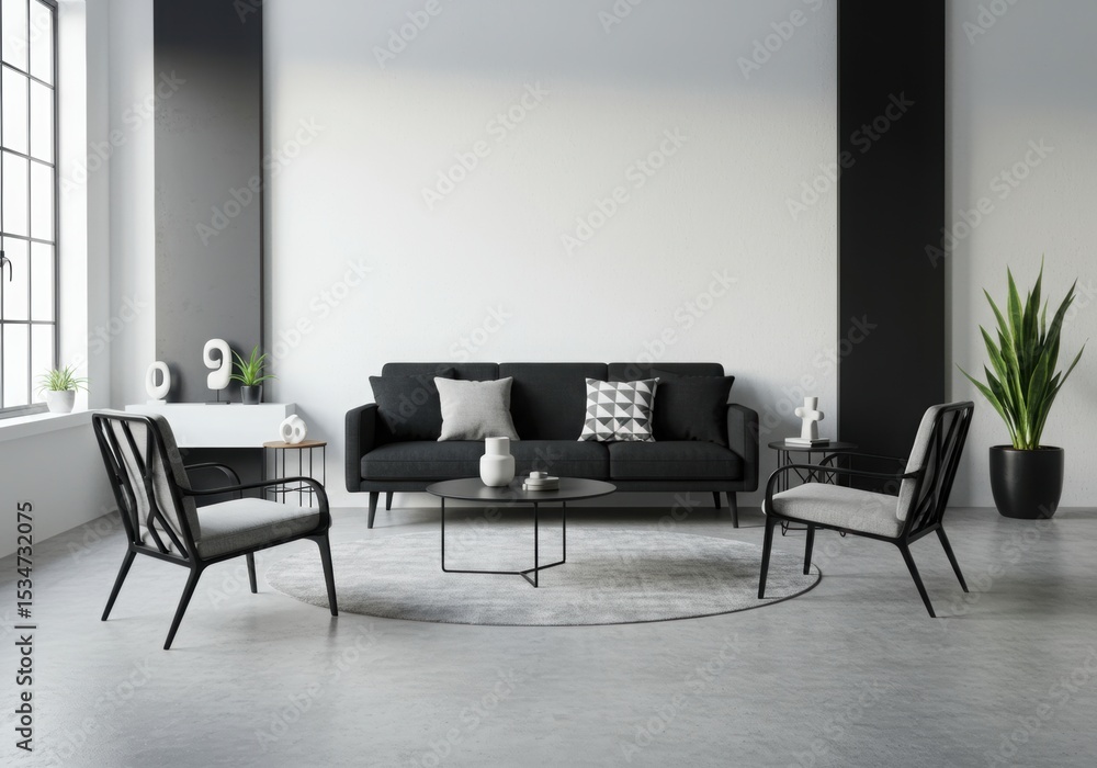 Fototapeta premium Modern Minimalist Living Room Interior with Blank Wall Space