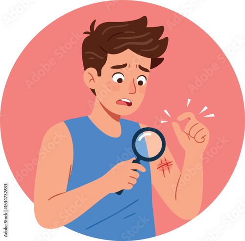 Young man examining skin injury with magnifying glass concerned about wound healing 