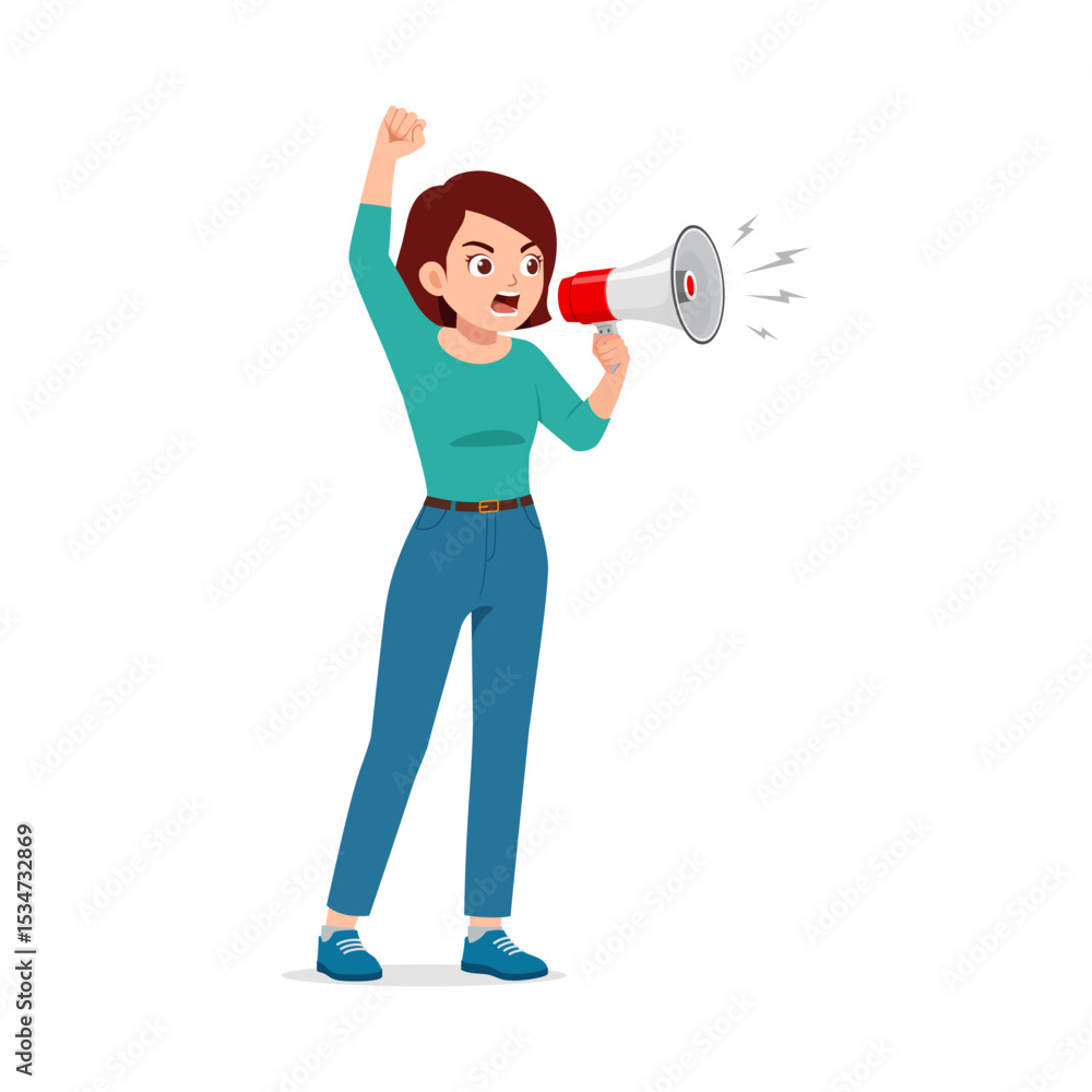 Cartoon Woman Shouting into Megaphone with Fist Raised in Protest Isolated on White Background Cartoon Woman Shouting into Megaphone with Fist Raised in Protest Isolated on White Background