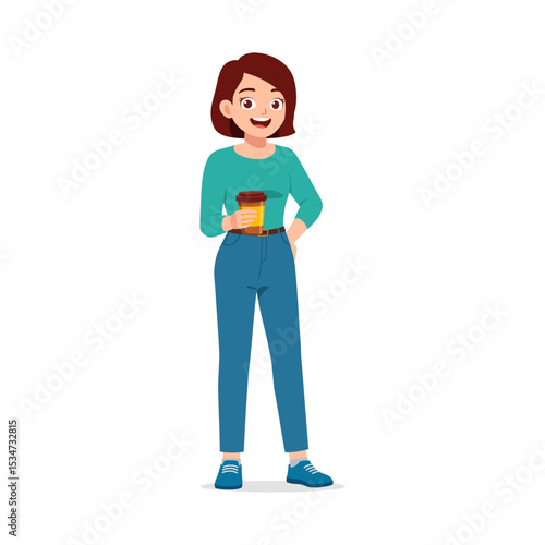 Happy Woman Holding Coffee Cup Standing with Casual Outfit Illustration