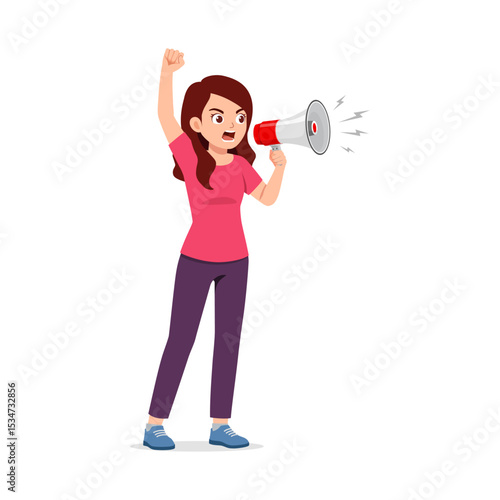 Young Woman Shouting into Megaphone Raising Fist in Protest Illustration on White Background