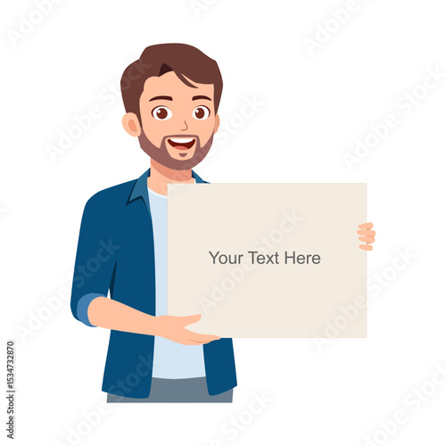 Smiling man holding blank signboard with copy space for text, illustration style