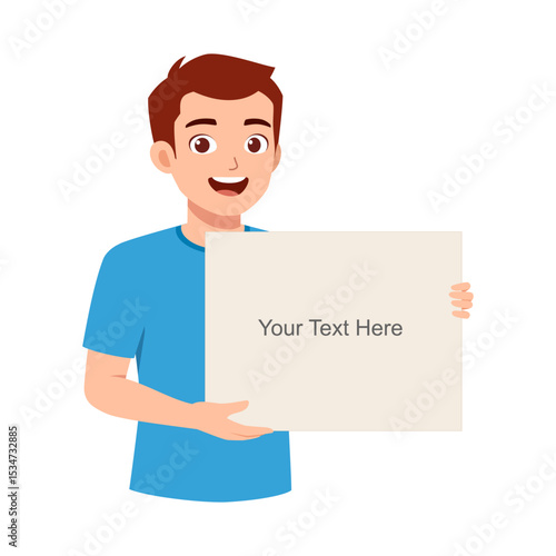 Smiling young man holding a blank sign with sample text in a bright studio cartoon illustration