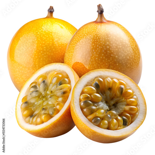 Two whole yellow passion fruits and two halves revealing numerous small yellow and black seeds arranged in a circular pattern isolated on a transparent background