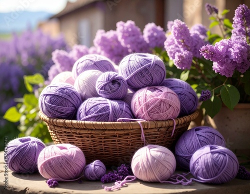 Basket of purple and lilac yarn balls outdoors near blooming lilac bushes