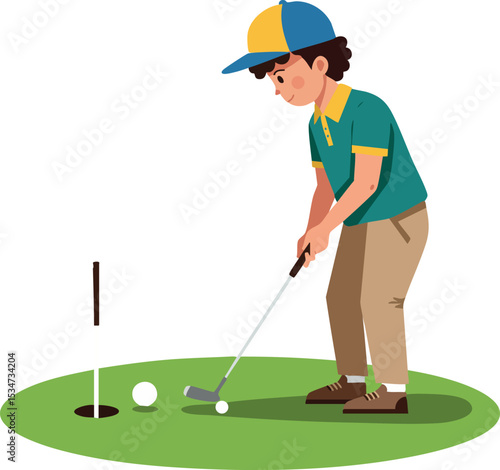 Boy Playing Golf Putting Ball on Green Field with Cap Vector Illustration 