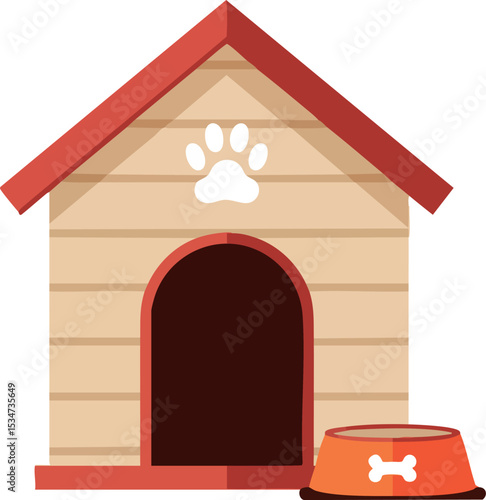 Dog house with red roof and orange food bowl vector illustration for pets and animals 