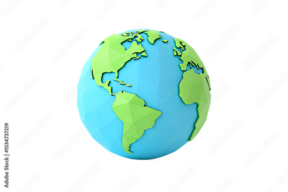 Naklejka premium Low-Poly Earth Globe, 3D Model, World Map, Green and Blue, Global, Sustainability, Environmental Concept, Digital Art, Illustration, Geometric Design, Planet Earth