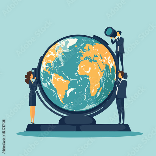 Business people open globe using binoculars looking for future vision