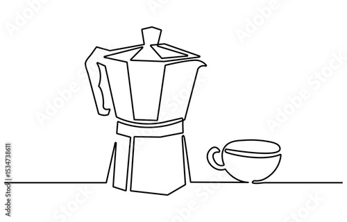 Coffee accessories continuous one line drawing. Italian coffee geyser pot, cup hand drawn illustration. Traditional, vintage coffeemaker, barista tools, equipment minimalistic contour sketch