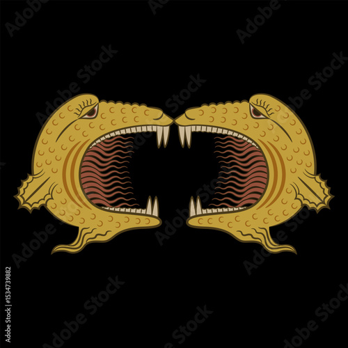 Symmetrical design with two heads of fantastic monsters. Medieval symbol.