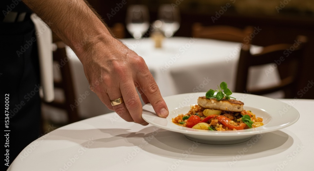 Fine dining experience chef serving gourmet dish at upscale restaurant intimate atmosphere culinary art Fine dining experience chef serving gourmet dish at upscale restaurant intimate atmosphere culinary art
