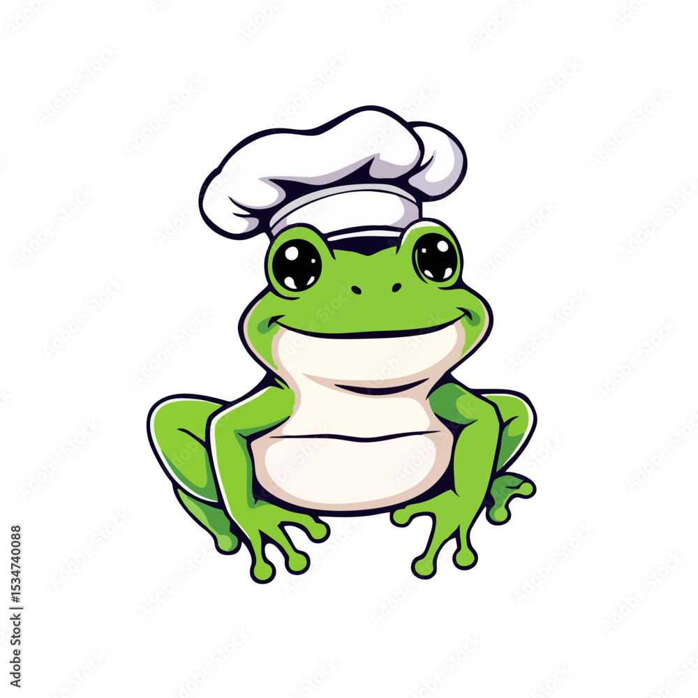 Funny Frog Logo, Smiling Frog With Chef Hat, Vector Drawing Art Funny Frog Logo, Smiling Frog With Chef Hat, Vector Drawing Art