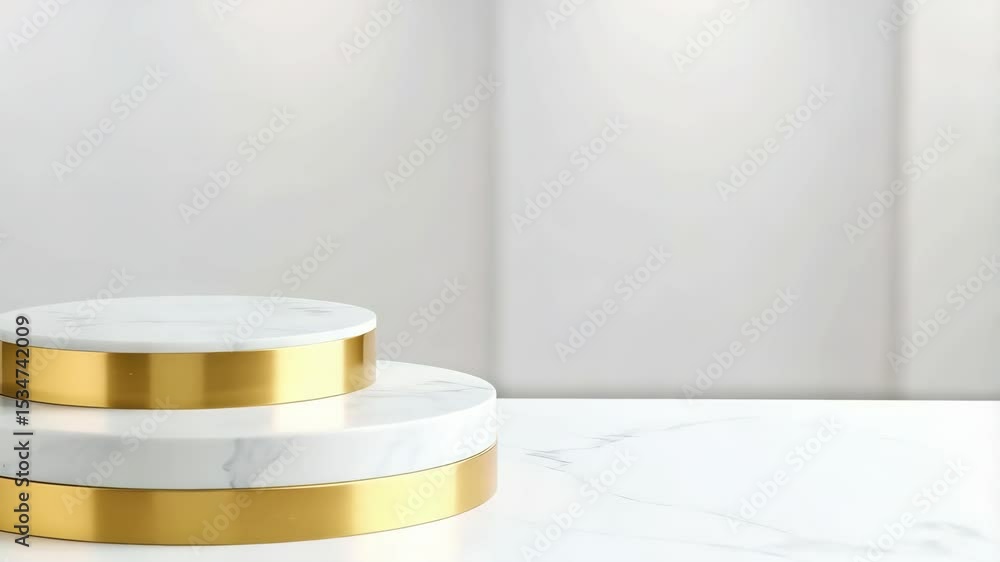 Modern round marble platform with gold trim for product display against a bright, soft focused studio background, luxury and elegance design Modern round marble platform with gold trim for product display against a bright, soft focused studio background, luxury and elegance design