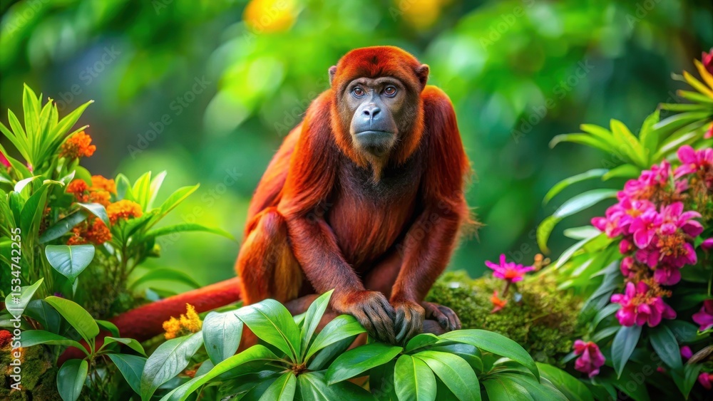 Obraz premium Red howler monkey sitting on a high tree branch in a lush tropical forest canopy