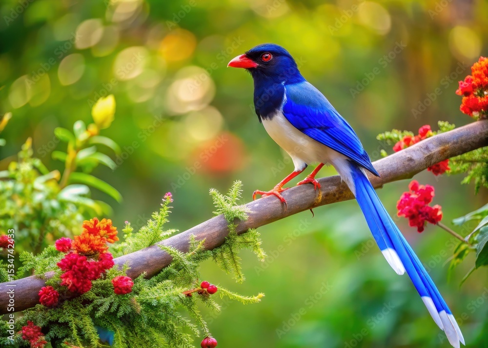 Obraz premium Colorful Red-billed Blue Magpie perched on a sturdy branch in a lush green forest amidst vibrant wildflowers and foliage