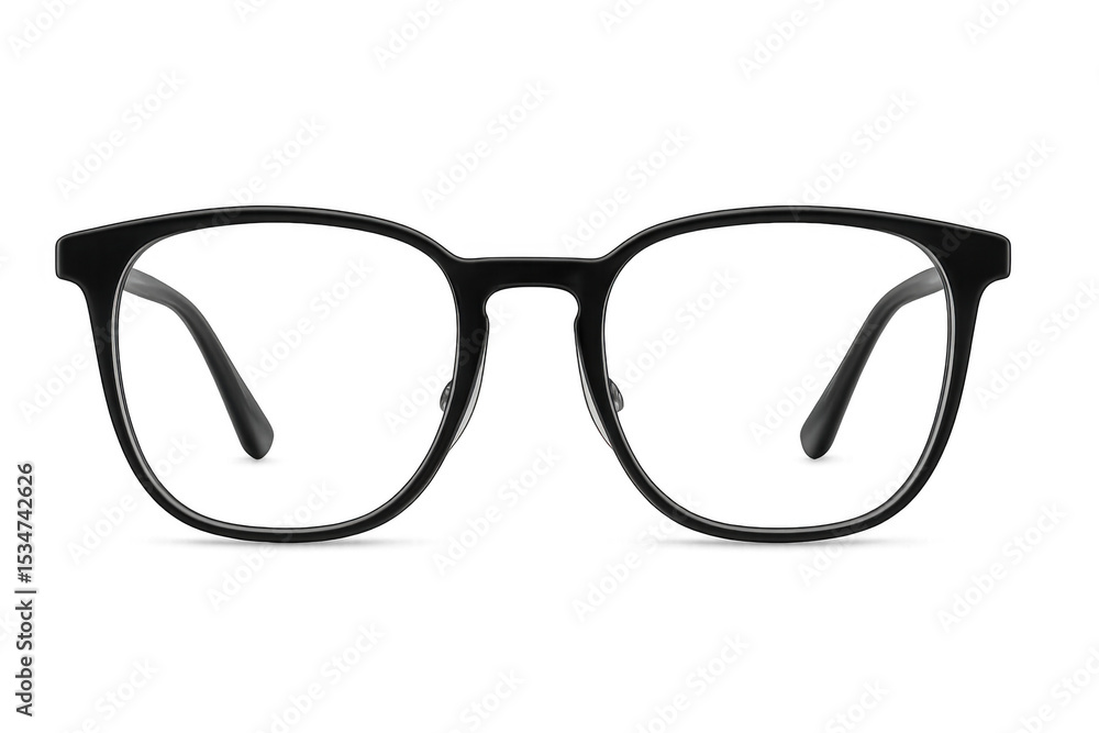 Fototapeta premium Sleek black eyewear frame resting on clear surface, highlighting lens details and serving graphic design mockup purposes