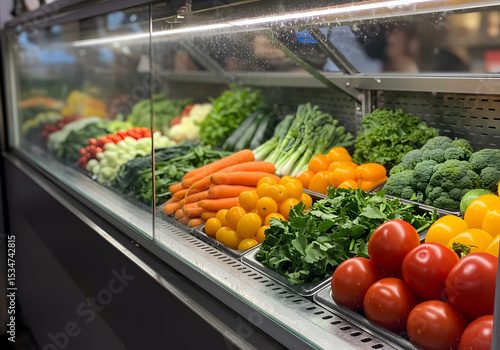 Colorful fresh produce display in refrigerated case
