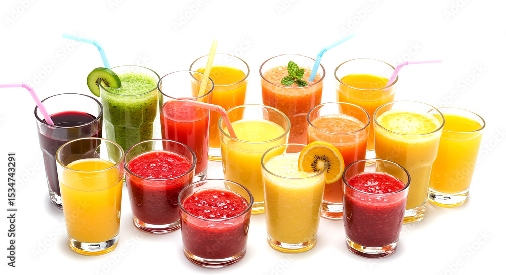 Fototapeta premium Collection of Colorful Fruit Juices and Smoothies in Glasses with Straws
