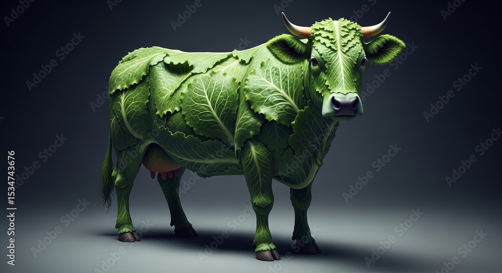 Fototapeta premium Bovine form sculpted from verdant lettuce leaves