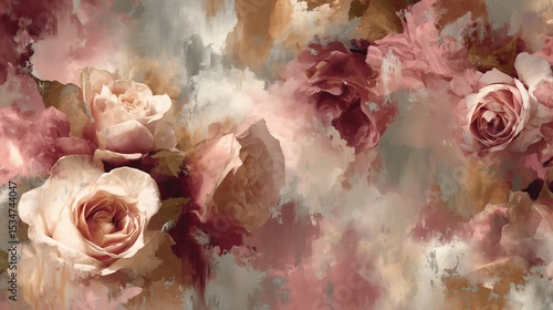 Abstract floral arrangement featuring soft, painterly textures and delicate French rose and neutral