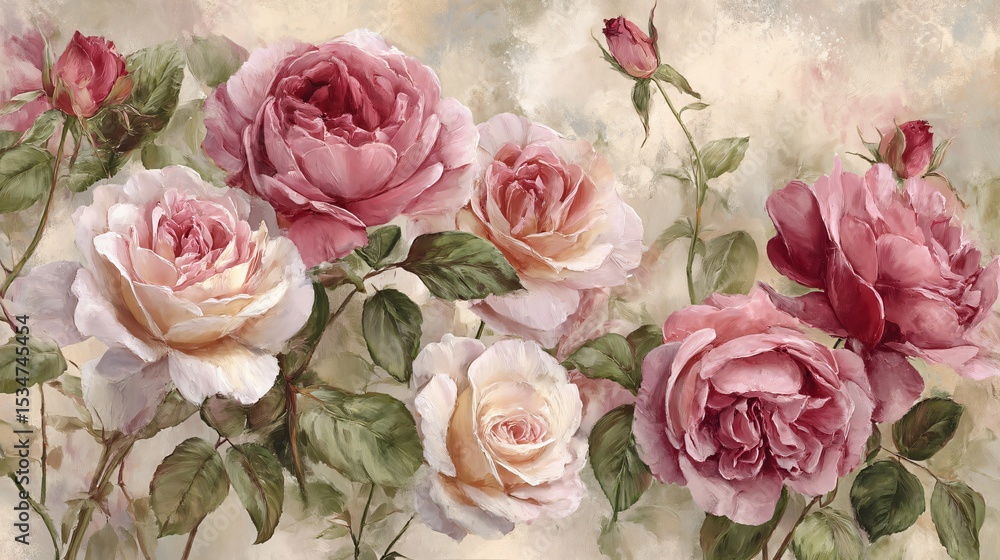 Elegant floral wallpaper featuring a layered artistic collage of pink and cream French roses in Elegant floral wallpaper featuring a layered artistic collage of pink and cream French roses in