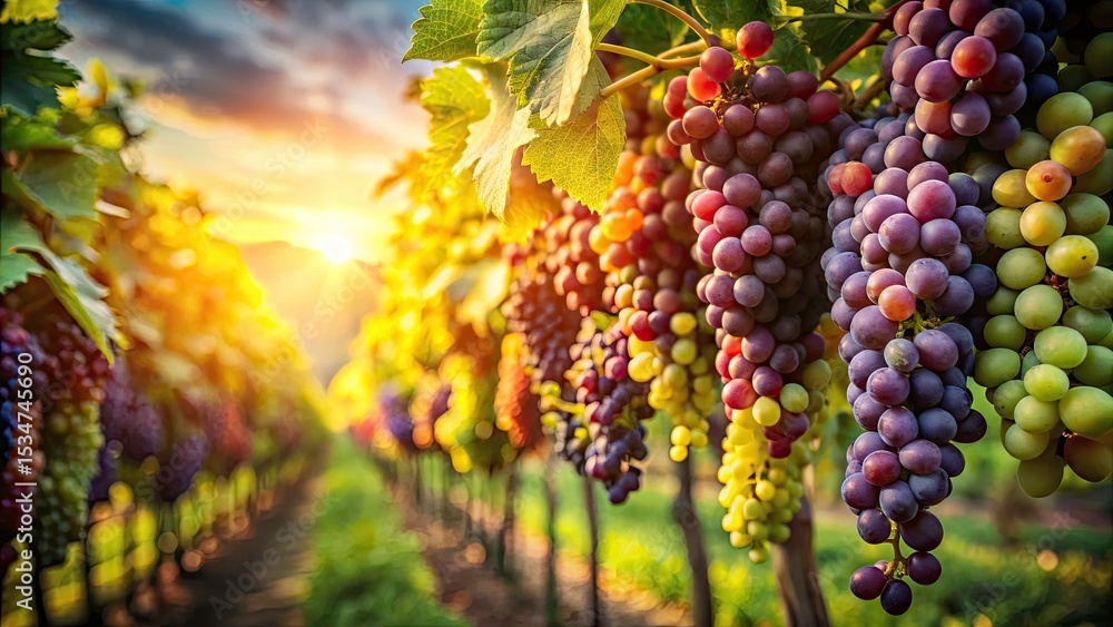 Naklejka premium Aerial Drone View Lush Vineyard Grapes Harvest Autumn Sunlight