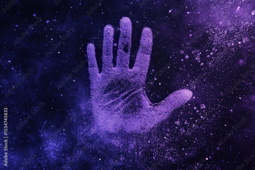 Purple handprint on a dark cosmic background. Purple handprint on a dark cosmic background.