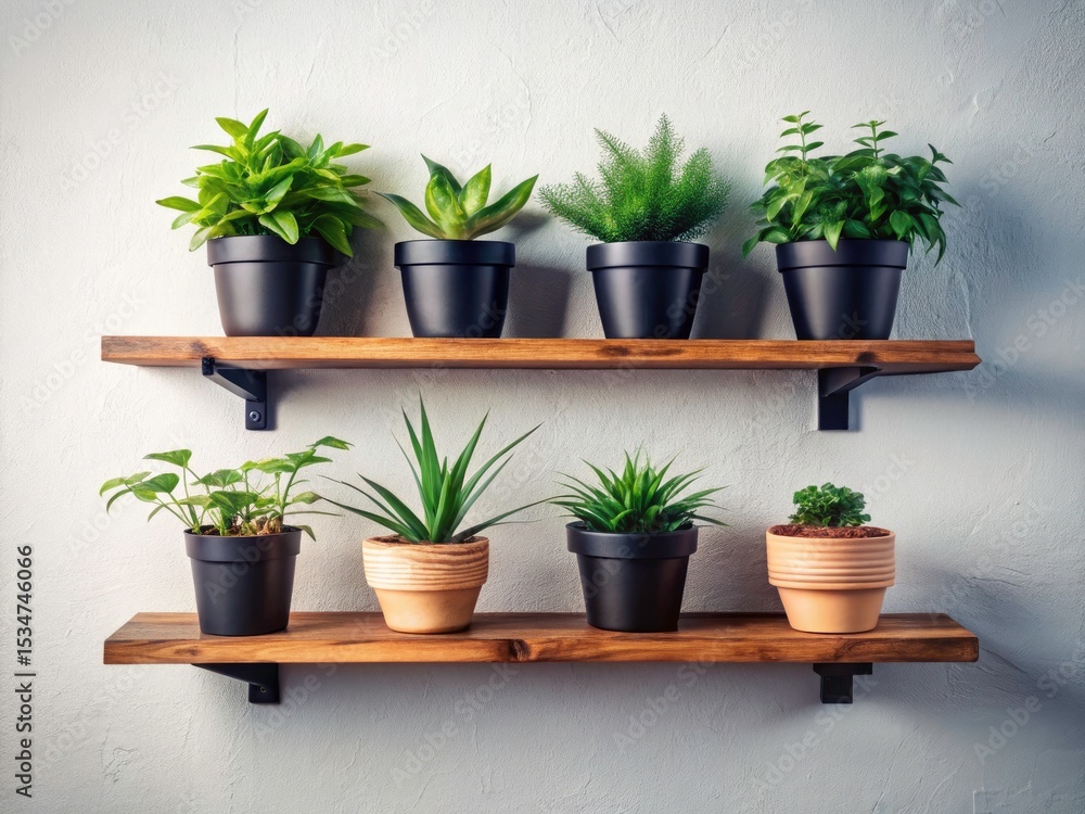 Fototapeta premium Aerial View: Four Plants in Black Pots on Wooden Wall Shelves - Home Decor, Indoor Gardening, Plant Arrangement
