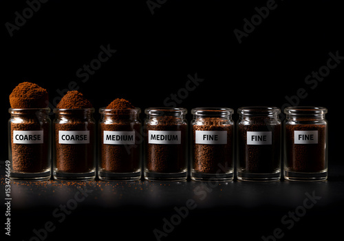 Different coffee grounds sizes in glass jars