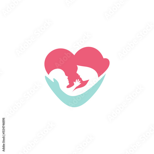 Mother son love logo design illustration. Modern minimalist creative simple line art silhouette love heart mother baby