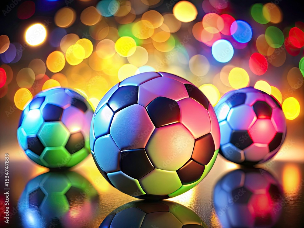 Naklejka premium Colorful Soccer Balls Night Photography: High-Resolution Images for Websites & Designs