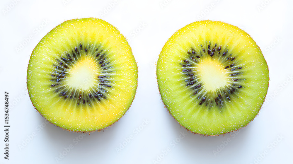 Fototapeta premium Fresh kiwi fruit sliced open, revealing vibrant green and yellow flesh, isolated on white. Minimalist composition showcasing natural beauty and fre